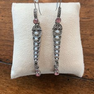 Silver drop earrings costume ornate with Marcasite, pearls & pink stone